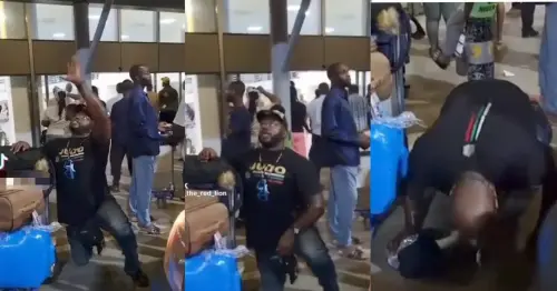 “What happened abroad!”; Man goes on his knee to thank God as he lands safely in Nigeria – VIDEO