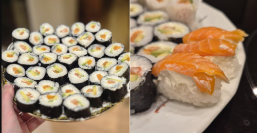 Sushi fatto in casa con salmone fresco, avocado e formaggio.