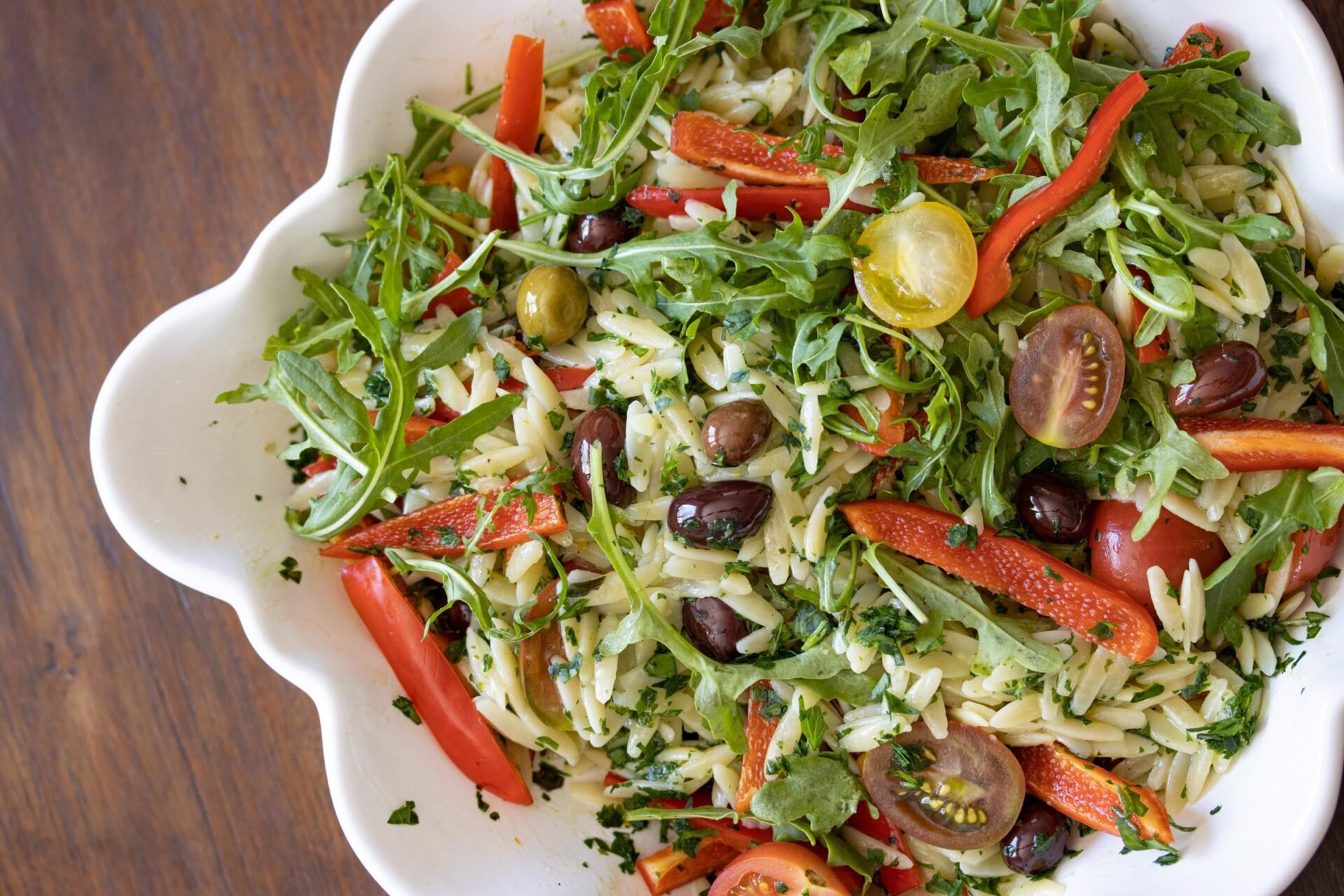 Orzo Pasta Salad with Basil Butter, Peppers, Tomatoes