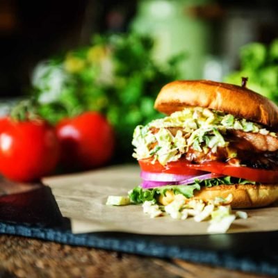 Bison Burger with Maple Brussels Sprouts Slaw