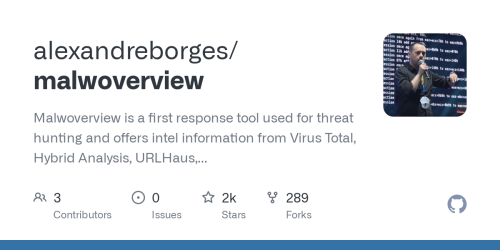 GitHub - alexandreborges/malwoverview: Malwoverview is a first response tool used for threat hunting and offers intel information from Virus Total, Hybrid Analysis, URLHaus, Polyswarm, Malshare, Alien Vault, Malpedia, ThreatCrowd, Malware Bazaar, ThreatFox, Triage and it is able to scan Android devices against VT.
