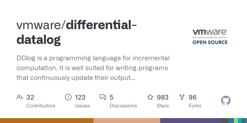 GitHub - vmware/differential-datalog: DDlog is a programming language for incremental computation. It is well suited for writing programs that continuously update their output in response to input changes. A DDlog programmer does not write incremental algorithms; instead they specify the desired input-output mapping in a declarative manner.