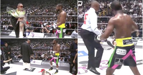 Bizarre scenes as flowers thrown at Floyd Mayweather’s feet - he goes on to KO Mikuru Asakura