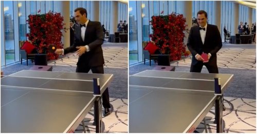 Roger Federer absolutely dominating a game of table tennis in a tuxedo is just so smooth
