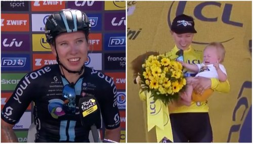 Dutch cyclist celebrates Tour de France Femmes first stage win with crying baby