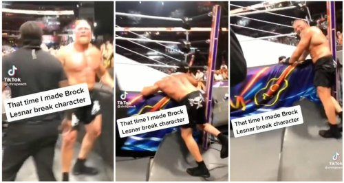 Hilarious footage of Brock Lesnar breaking character due to WWE fan screaming at him