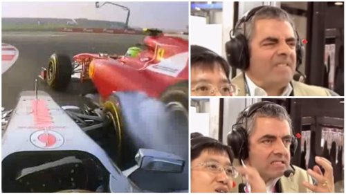 Rowan Atkinson going full Mr. Bean when Lewis Hamilton & Felipe Massa crashed is sublime