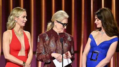Anne Hathaway Joined Her 'Devil Wears Prada' Costars at the 2024 SAG Awards in a Cerulean Blue Dress