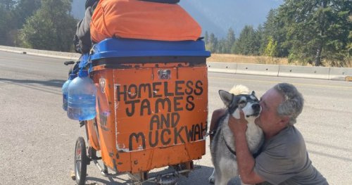Ontario homeless man and dog walking cross-country arrive in Hedley, B.C.