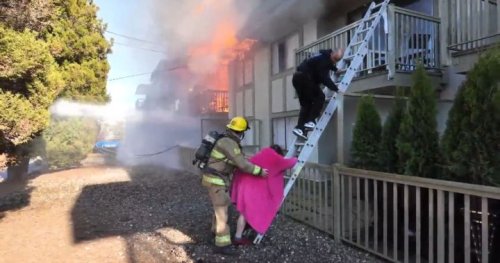 Caught on video: Woman says ‘hero’ helped save her from burning Burnaby building