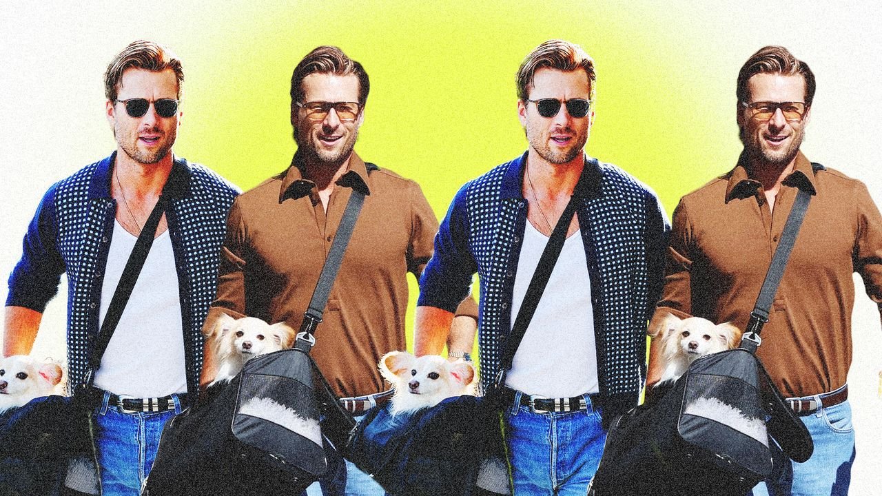 Glen Powell does one pair of jeans, one dog, three big fits