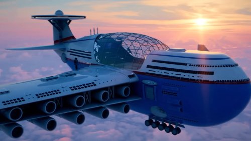 L'énorme avion Sky Cruise est un incroyable hôtel aérien à propulsion nucléaire avec centre commercial, cinémas, piscine et salles de sport qui pourrait accueillir 5000 personnes