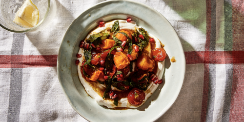 Charred Tomatoes with Cool Yoghurt, Pomegranate Molasses and Herbs Recipe