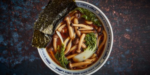 Vegan mushroom miso soup with udon noodles