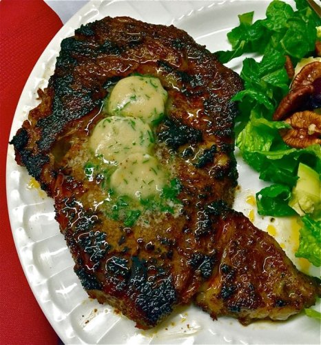 Chili Rubbed Ribeye Steak with Maple Bourbon Butter