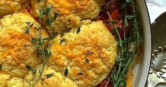 Tomato Cobbler with Cornmeal-Cheddar Biscuits