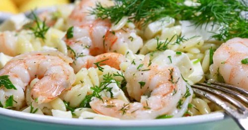 Roasted Shrimp Pasta Salad Recipe with Lemon Vinaigrette | gritsandpinecones.com