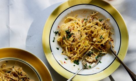 Rachel Roddy’s recipe for crab linguine with lemon and herbs