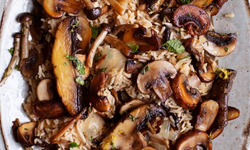 Nigel Slater’s recipes for mushroom pilaf, lemon and mint, and date cake with miso icing