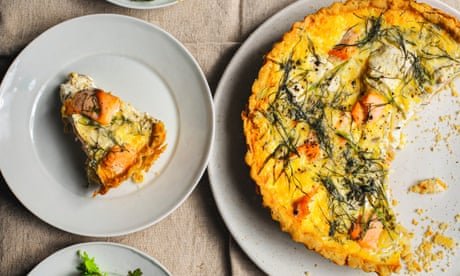 Nigel Slater’s recipes for salmon and cream cheese tart, and nectarine pastries