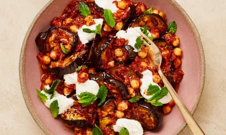 Meera Sodha’s vegan recipe for baked aubergines, chickpeas and tomatoes