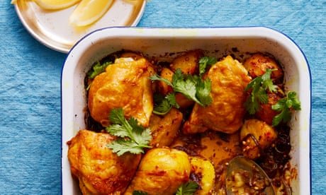 Thomasina Miers’ recipe for spiced turmeric chicken bake with golden potatoes