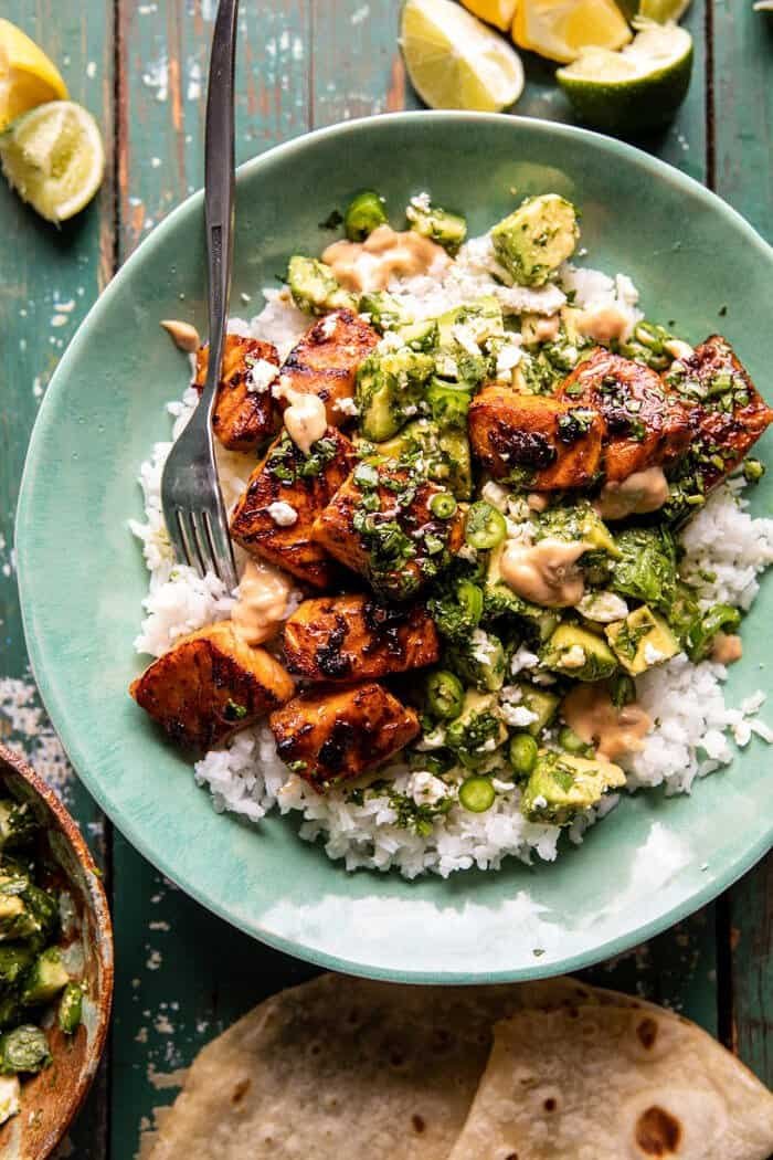Spicy Chipotle Honey Salmon Bowls.