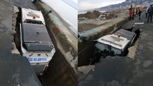 Rize'de belediye aracı çukura düştü