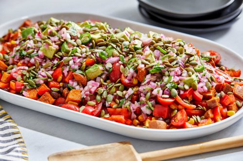 Sweet potato salad with fresh salsa is a thrifty, tasty dish