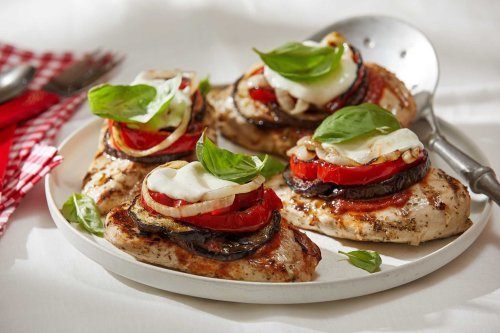 Mozzarella and marinara turn grilled chicken and vegetables into a summertime hit