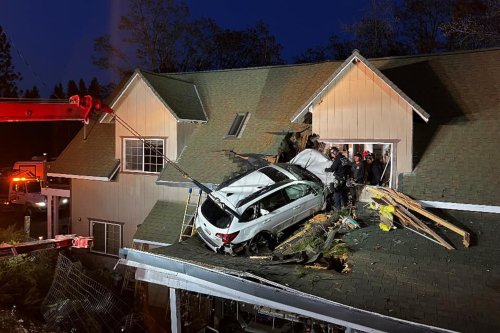 Car flies and crashes into second story of Northern California home