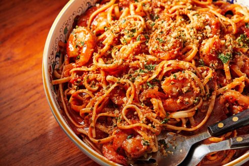 Ina Garten's spicy fra diavolo sauce gives a bowl of shrimp and linguine a delightful kick