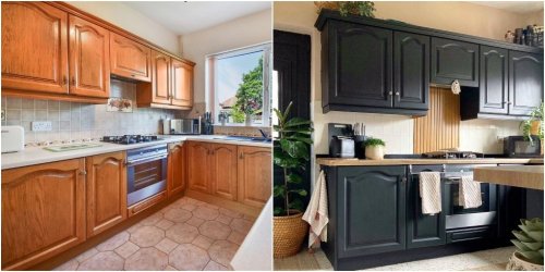 Before & After: £200 kitchen makeover with terrazzo-effect flooring and painted black cupboards