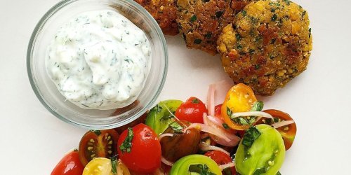 Crispy Chickpea Fritters with Tzatziki and Tomato Salad