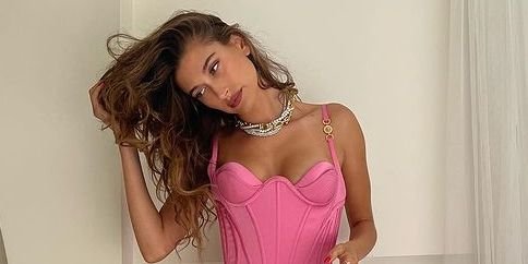 Here’s Hailey Bieber Casually Posing in a Pink Corset Mini Dress and Tiffany & Co. Diamonds