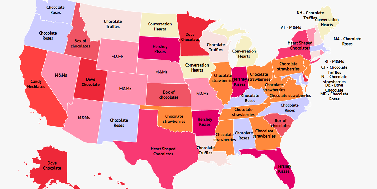 This Map Shows the Most Popular Valentine's Day Candy by State