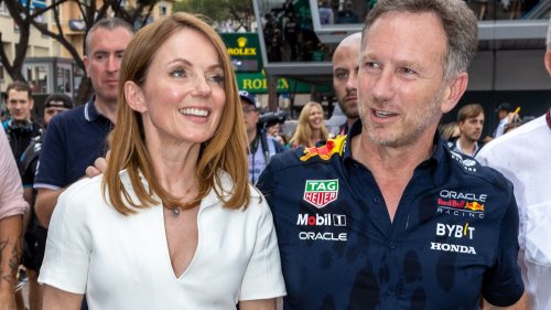 Geri Horner opts for a figure hugging white dress to celebrate F1 win with her husband Christian Horner