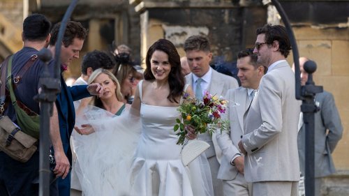 Downton Abbey's Michelle Dockery's on-screen sister Laura Carmichael is radiant as her bridesmaid