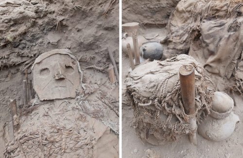 Archaeologists find burial bundles with carved masks