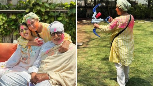Jaya Bachchan plays with pichkari, Amitabh Bachchan is drenched in colours in pics from their Holi celebrations