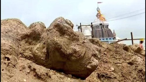 Damaged lion sculpture found in debris near Jagannath Temple in Puri