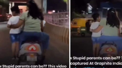 Bengaluru woman holds helmetless boy on bike footrest. Dangerous stunt angers internet