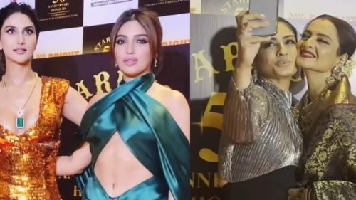 Bhumi Pednekar flaunts abs, Vaani Kapoor wears gown with thigh slit at event; Raveena pouts in selfie with Rekha. Watch