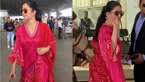 Katrina Kaif waves to paparazzi as she jets off from Mumbai in pink outfit; fans praise her 'sanskari bahu aura'. Watch