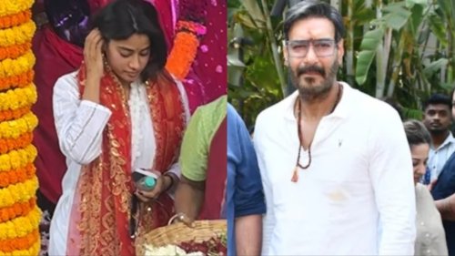 Janhvi Kapoor and Ajay Devgn offer prayers at Mumbai's Krishna Kali temple, pose for paparazzi after visit. See pics