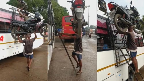 'Real Bahubali': Netizens react as man climbs on roof of bus with bike on his head