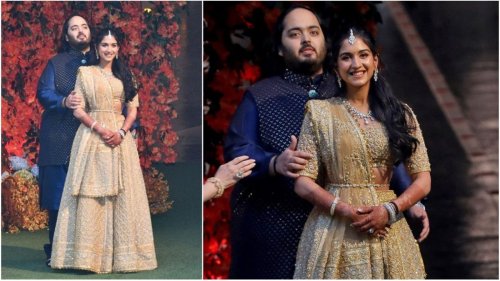 Radhika Merchant's dreamy engagement look in a golden embroidered ...