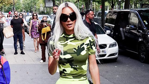 Kim Kardashian Rocks Skintight Neon Green Pants & Camo Top At Paris Fashion Week: Photos