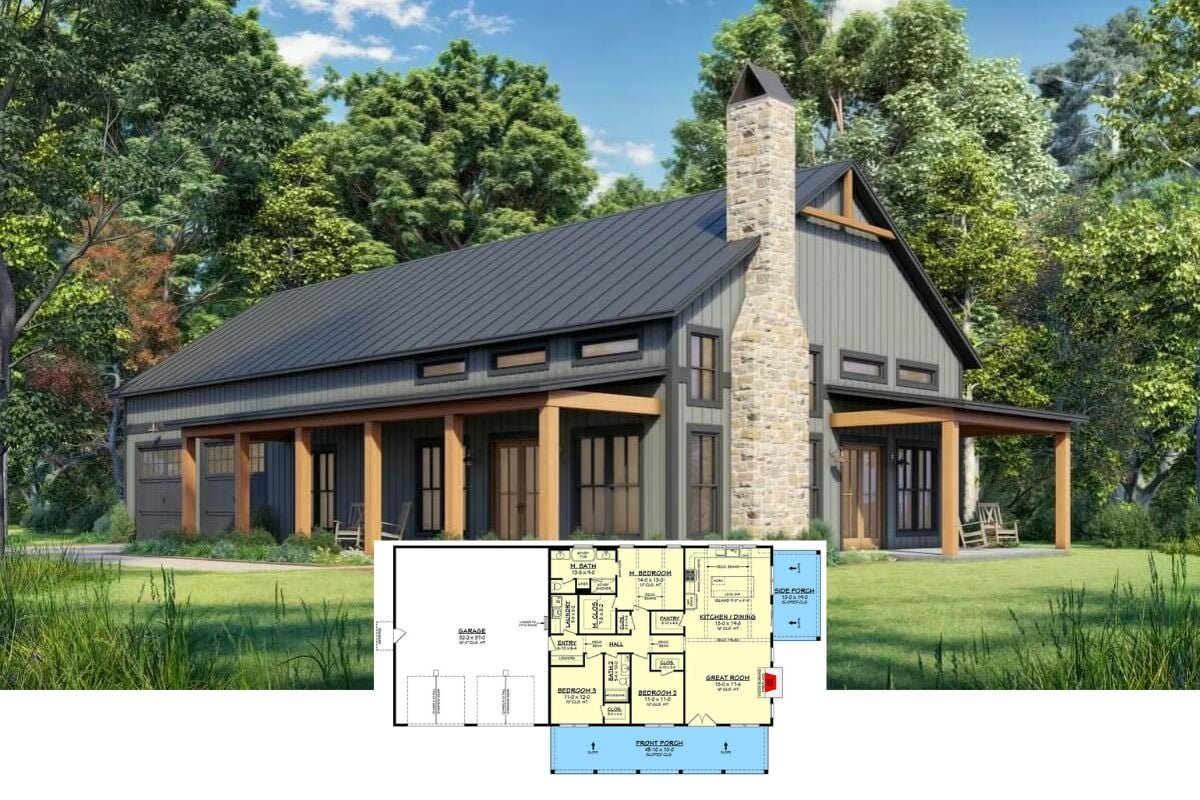 Barndo-Style 3-Bedroom Modern Farmhouse with 2-Car Garage and Open-Concept Living (Floor Plan)