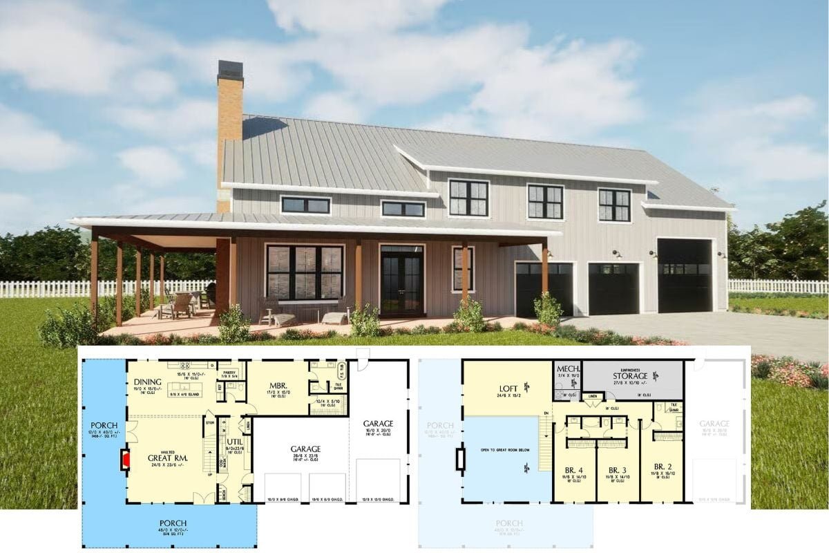 Barndominium-Style 4-Bedroom Home with Wraparound Porch and Loft (Floor Plan)